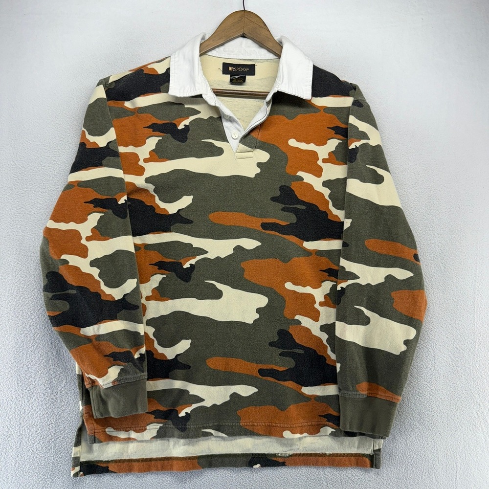 Vintage Camo Rugby Shirt Men's XL Green Orange Multi Cam All Over Y2k All over